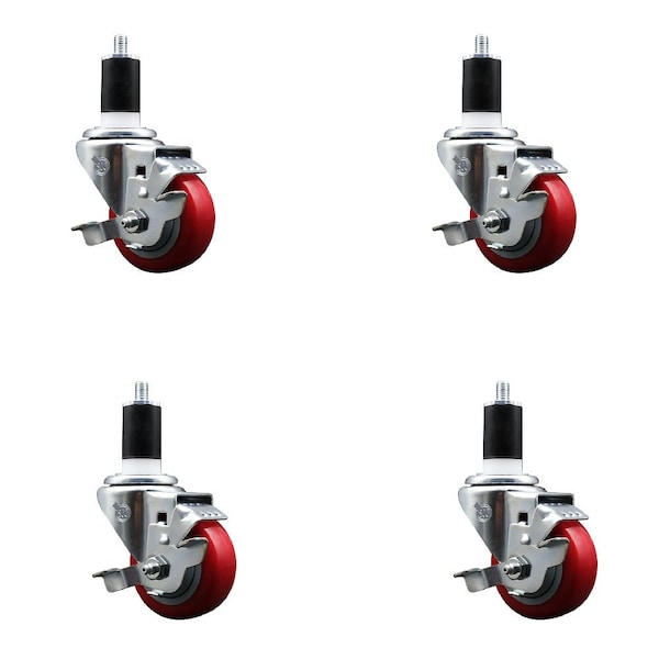 Service Caster 3'' SS Red Poly Swivel 1-1/2'' Expanding Stem Caster Set with Brake, 4PK SCC-SSEX20S314-PPUB-RED-TLB-112-4 - main